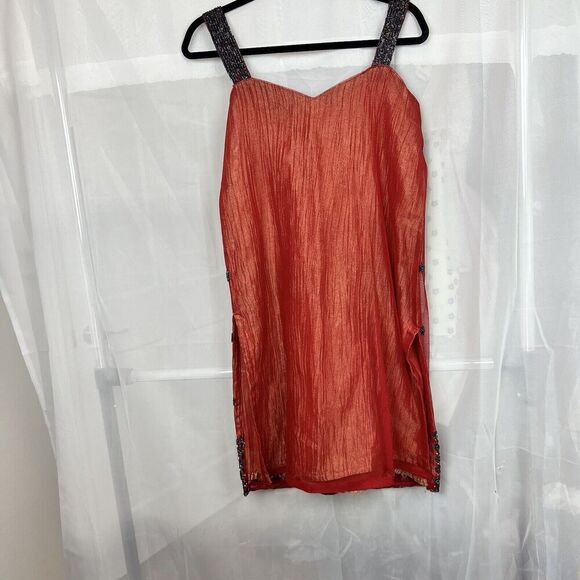 red shimmery beaded summer shift mini dress vacation wedding sz Md boho fairy - Picture 10 of 10